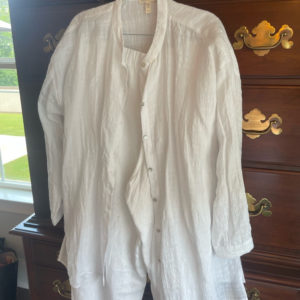Eileen Fisher White Lightweight Linen Shirt Jacket and Straight leg pants